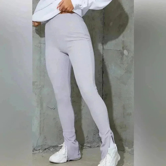 Grey Marl Textured Ribbed Split Hem Leggings - Picture 3 of 14